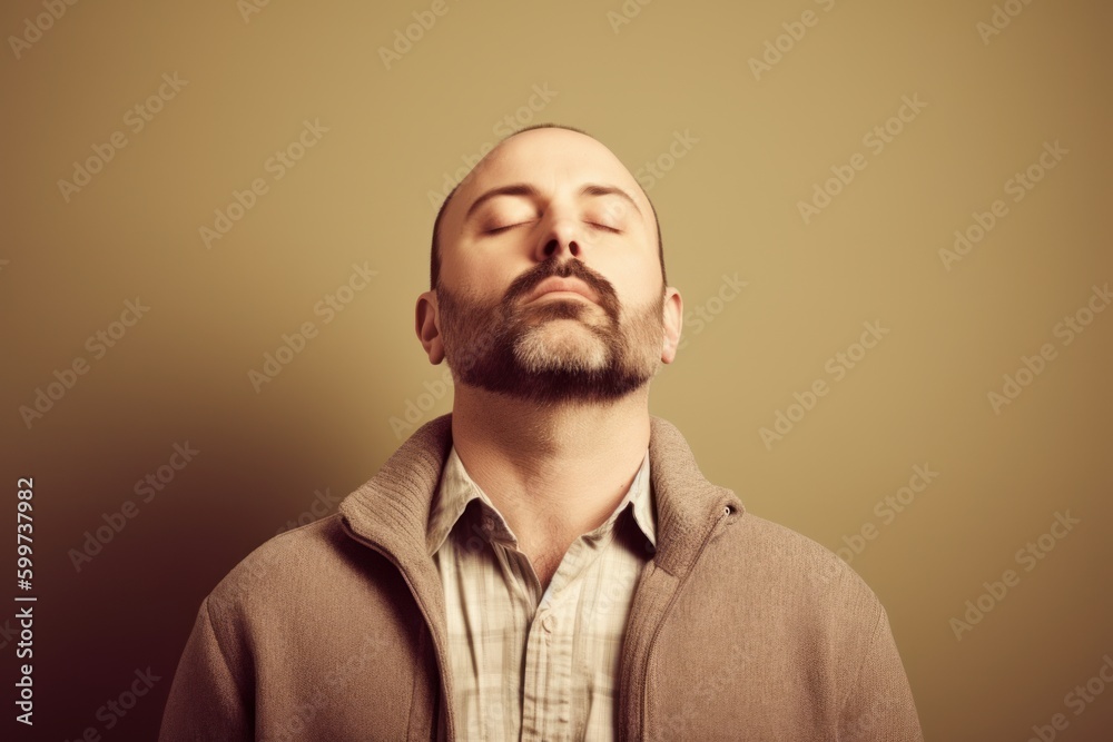 Fototapeta premium Portrait of a young man with closed eyes on a brown background. Toned.