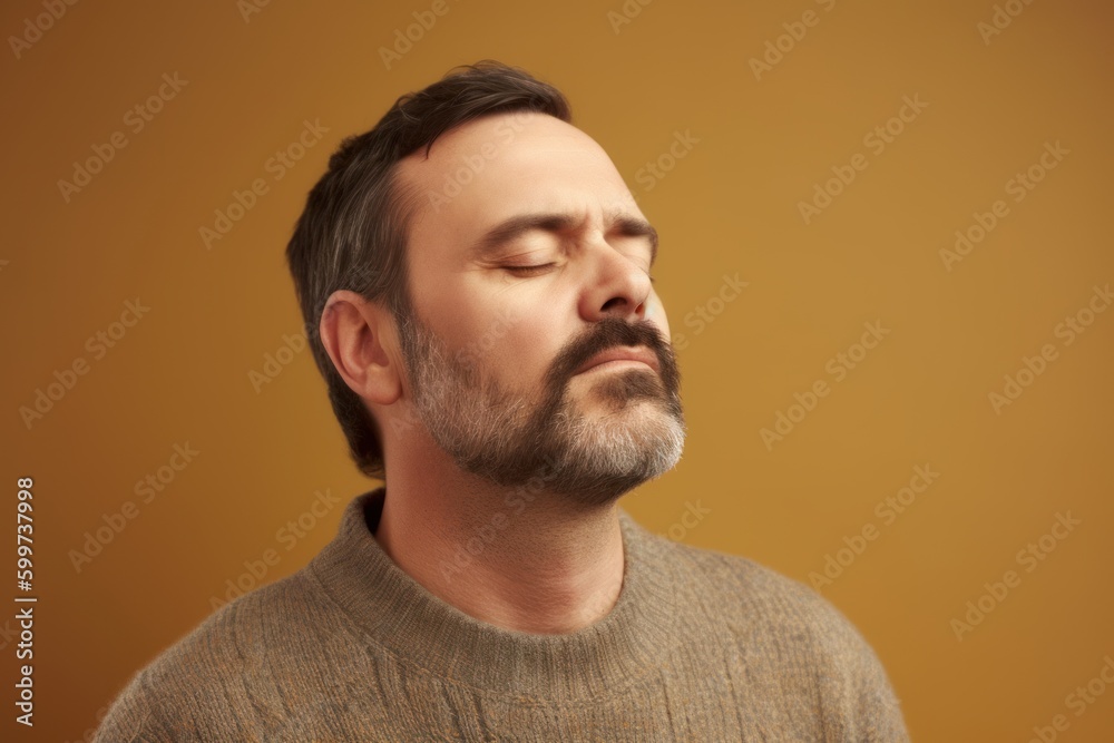 Obraz premium Portrait of a handsome young man with closed eyes on a yellow background