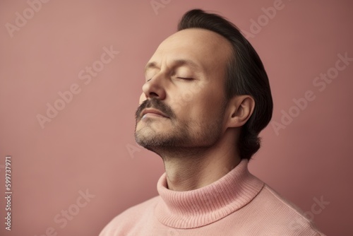 Portrait of a handsome man with closed eyes on a pink background