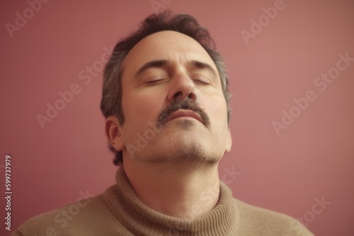 Portrait of a middle-aged man with closed eyes on a pink background