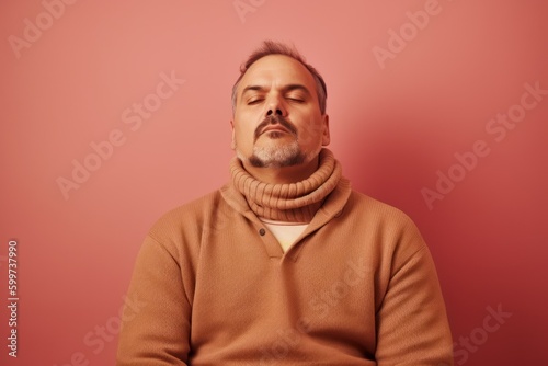 Portrait of a man in a warm sweater on a pink background
