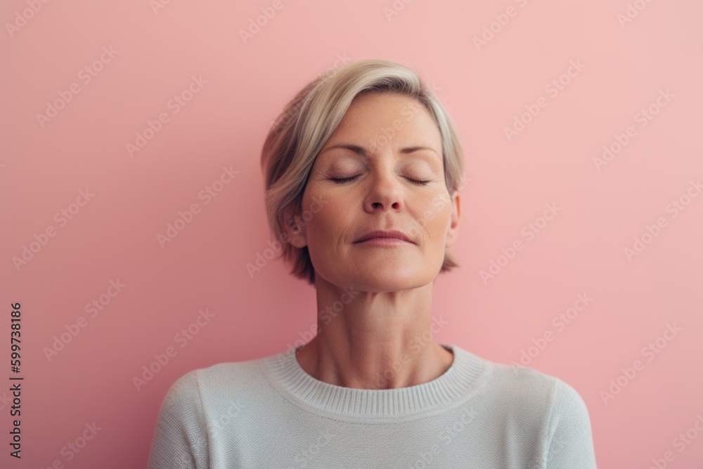 Portrait of a beautiful woman with closed eyes on a pink background Portrait of a beautiful woman with closed eyes on a pink background