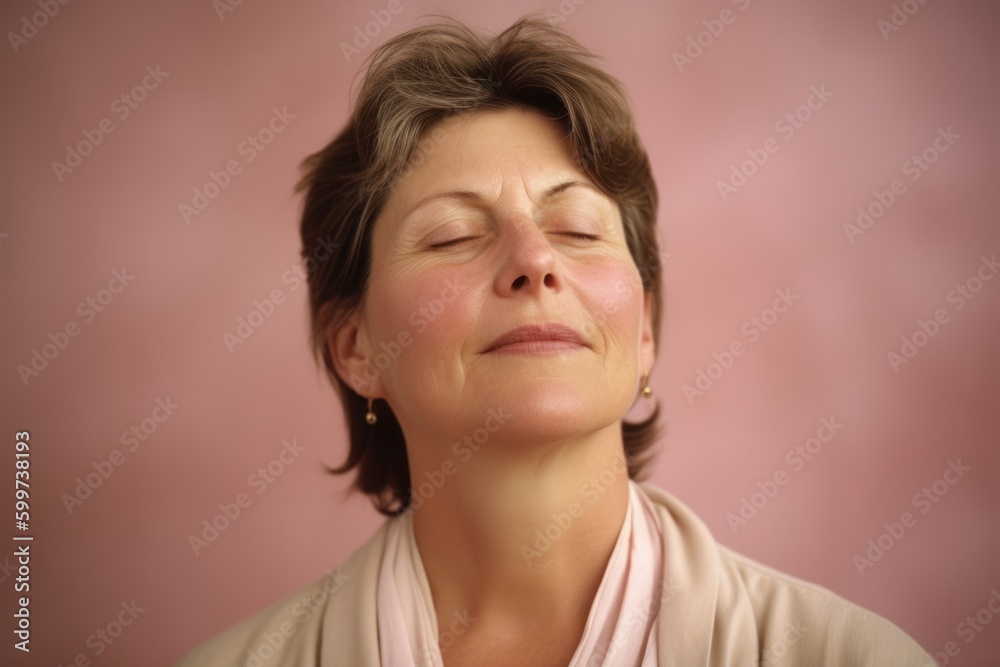 Portrait of a middle-aged woman with closed eyes on a pink background Portrait of a middle-aged woman with closed eyes on a pink background