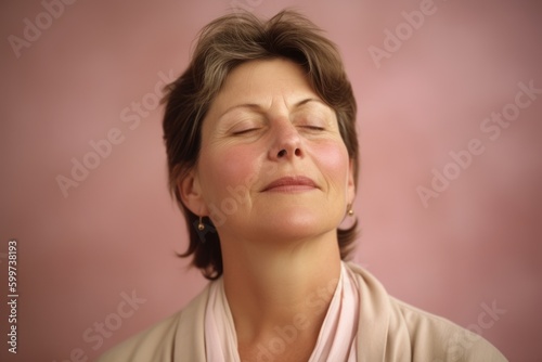 Portrait of a middle-aged woman with closed eyes on a pink background © Robert MEYNER