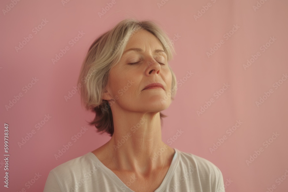 Portrait of a beautiful mature woman with closed eyes on a pink background Portrait of a beautiful mature woman with closed eyes on a pink background