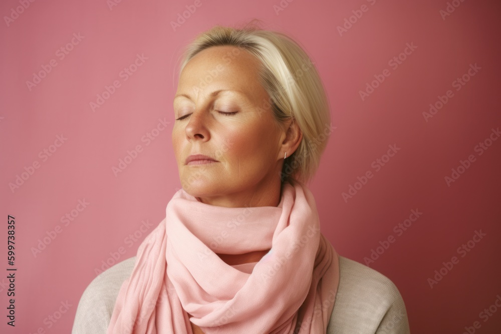 Woman with closed eyes and pink scarf on pink background, closeup
