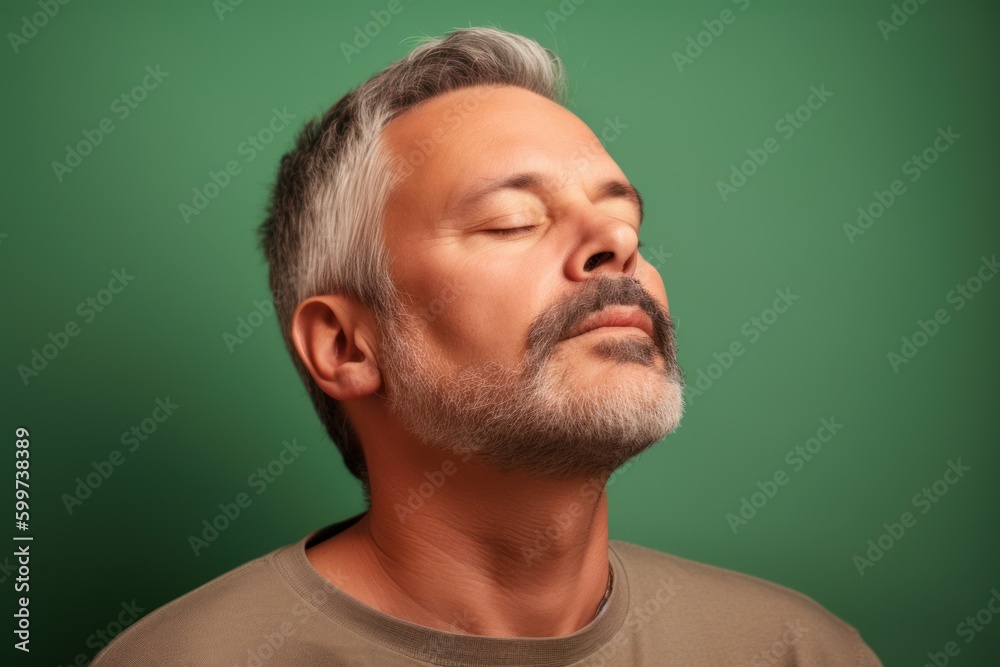 Fototapeta premium Portrait of a middle aged Asian man with grey hair and beard.