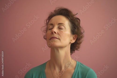 Portrait of a young woman with closed eyes and closed eyes on a pink background