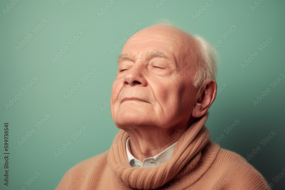 Fototapeta premium Portrait of an elderly man with closed eyes on a green background