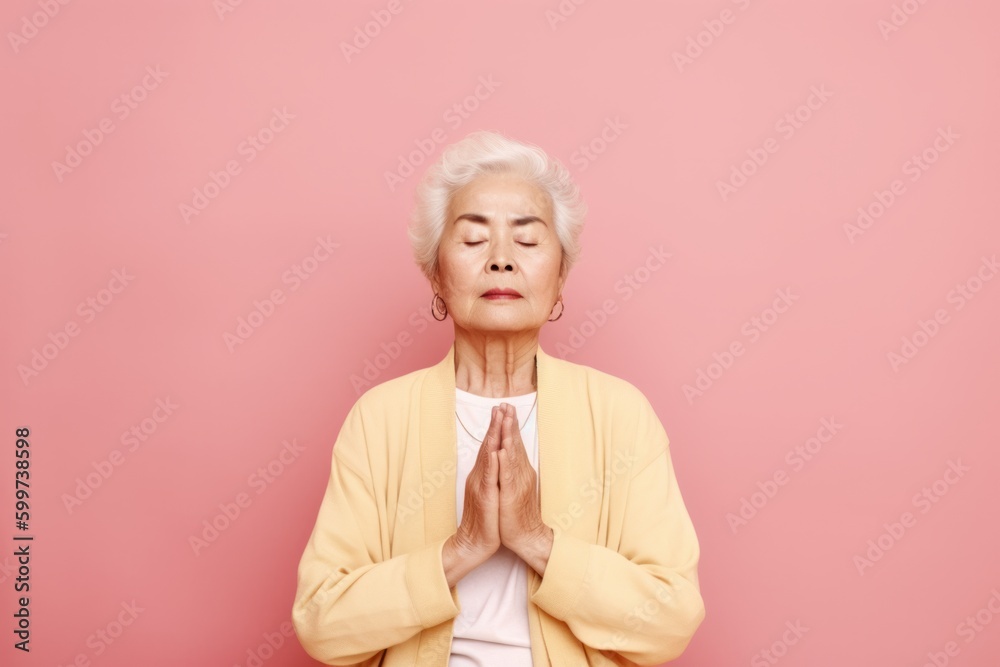 Portrait of an elderly asian woman praying isolated over pink background Portrait of an elderly asian woman praying isolated over pink background