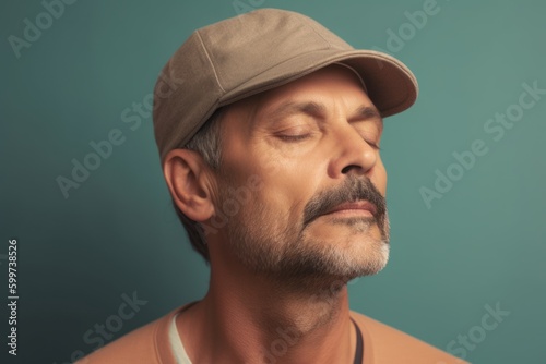 Portrait of mature man wearing baseball cap and sleeping on blue background
