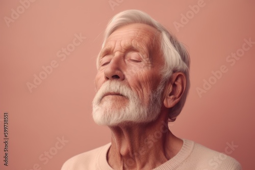 Portrait of a senior man with grey hair on a pink background