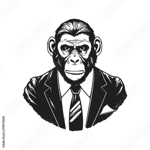 ape wearing suit, vintage logo line art concept black and white color, hand drawn illustration