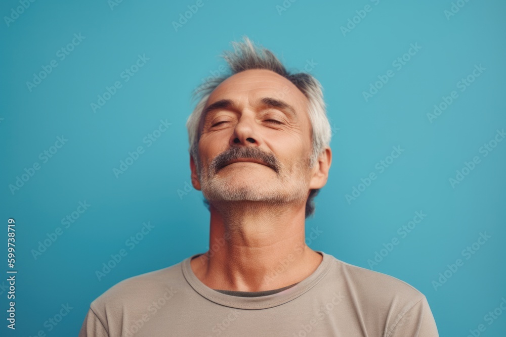 Obraz premium Portrait of mature man with grey hair and beard on blue background