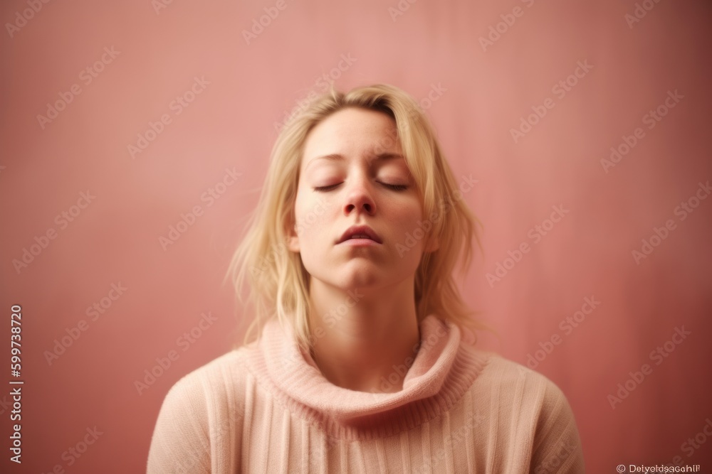Blonde woman with closed eyes on pink background. Portrait of a girl with closed eyes. Blonde woman with closed eyes on pink background. Portrait of a girl with closed eyes.