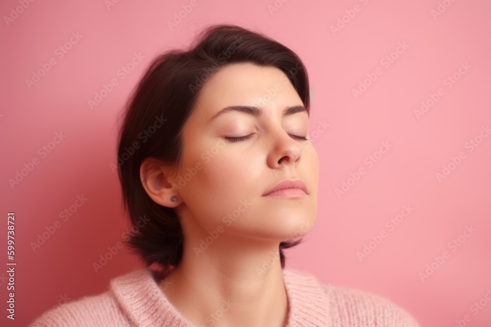 Portrait of a beautiful woman with closed eyes on a pink background Portrait of a beautiful woman with closed eyes on a pink background