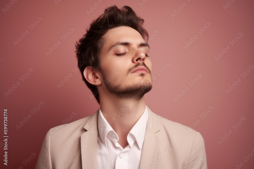Medium shot portrait photography of a man in his 20s practicing mindfulness, sophrology, relaxation & stress-reduction wearing a classic blazer on pastel background. Generative AI
