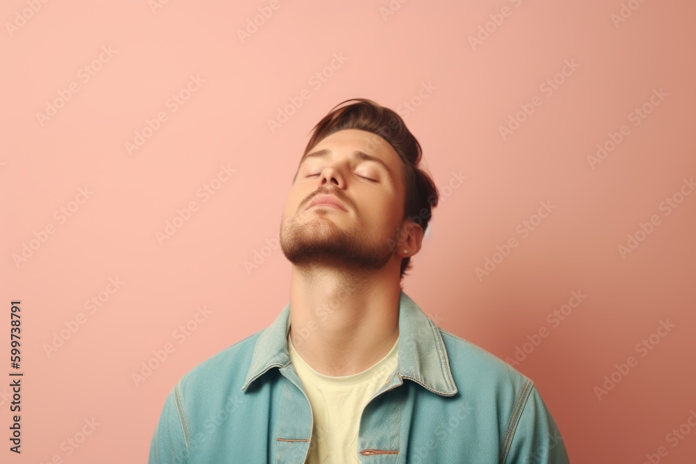 Young man with closed eyes on pink background. Portrait of handsome young man. Young man with closed eyes on pink background. Portrait of handsome young man.