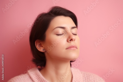 Portrait of a beautiful woman with closed eyes on a pink background