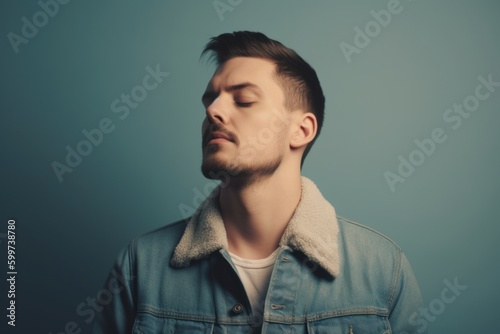 Young man in denim jacket on a blue background. Toned.