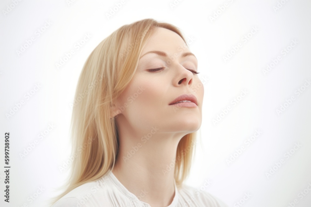 Medium shot portrait photography of a woman in her 30s practicing mindfulness, sophrology, relaxation & stress-reduction wearing a cozy sweater against a white background. Generative AI Medium shot portrait photography of a woman in her 30s practicing mindfulness, sophrology, relaxation & stress-reduction wearing a cozy sweater against a white background. Generative AI