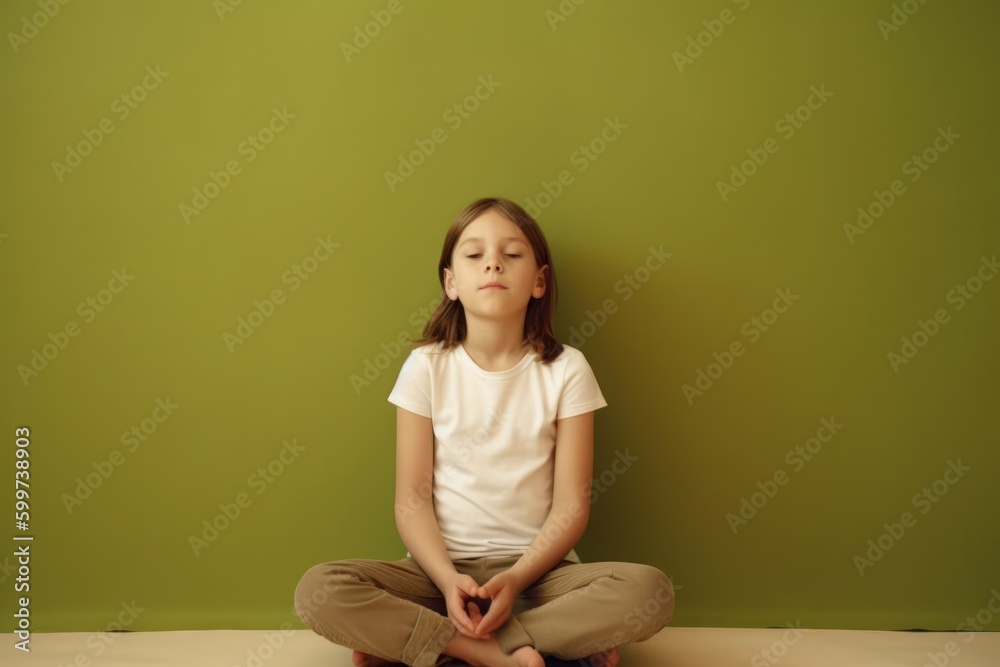 Little girl sitting in lotus position on green wall background. Meditation concept. Little girl sitting in lotus position on green wall background. Meditation concept.