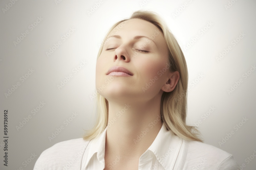 Young woman with closed eyes on a gray background. Studio shot.