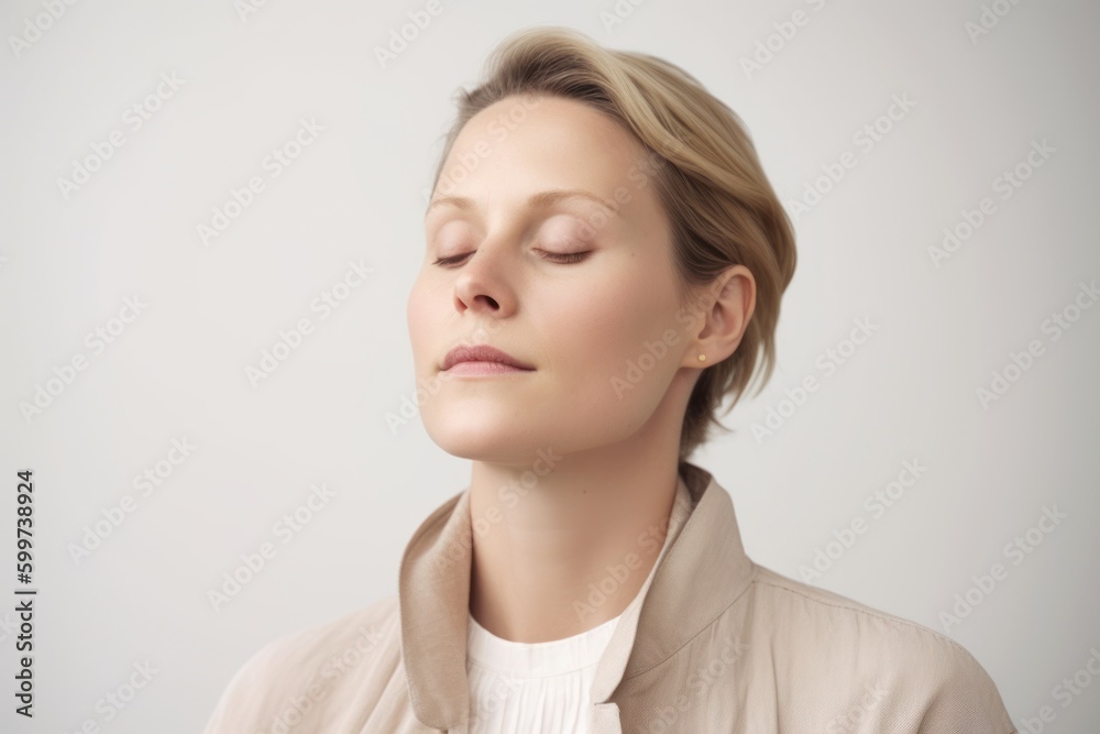 Portrait of a young woman with closed eyes on a white background Portrait of a young woman with closed eyes on a white background