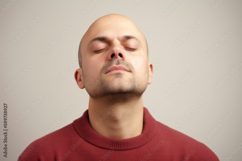 Portrait of a bald man with closed eyes on a gray background