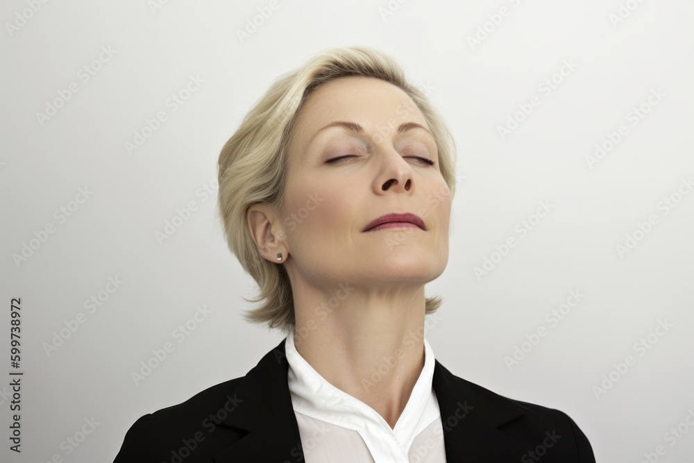Businesswoman with closed eyes in a business suit on a gray background Businesswoman with closed eyes in a business suit on a gray background
