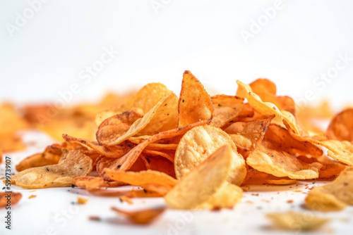Crispy potato chips on a white background