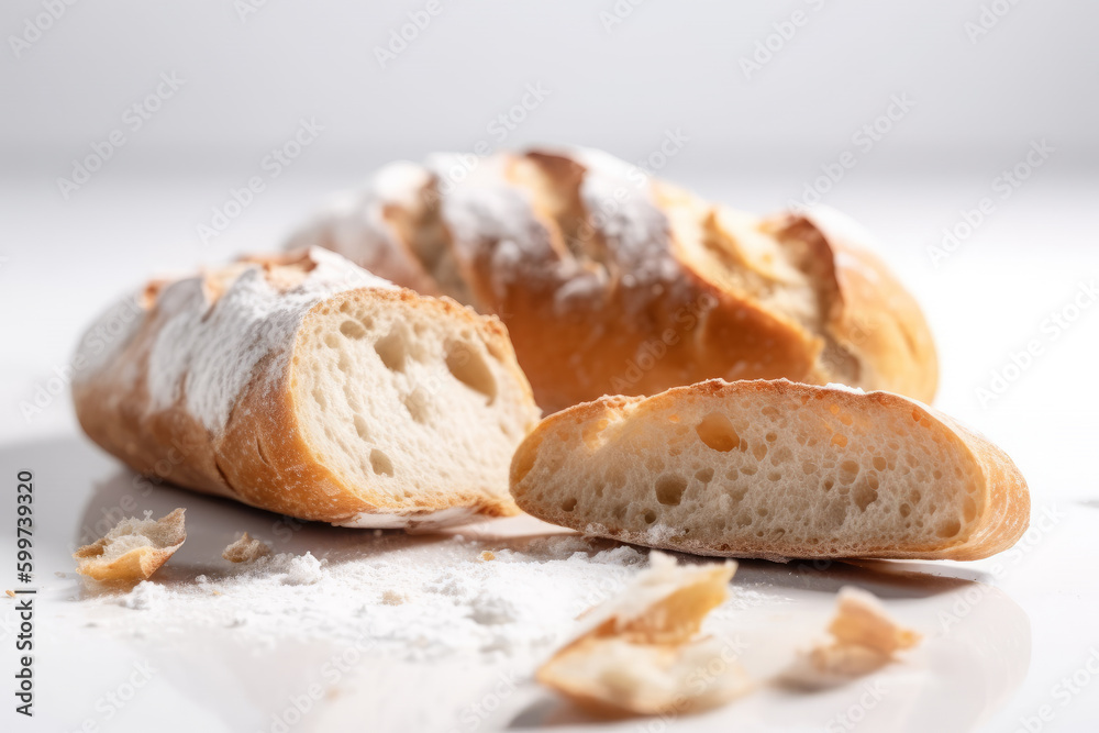 Bread on a wooden board on white background. AI Generative. Bread on a wooden board on white background. AI Generative.