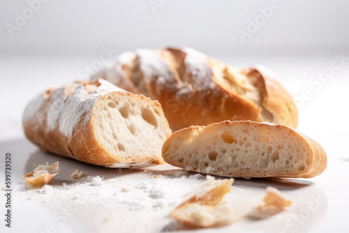 Bread on a wooden board on white background. AI Generative.