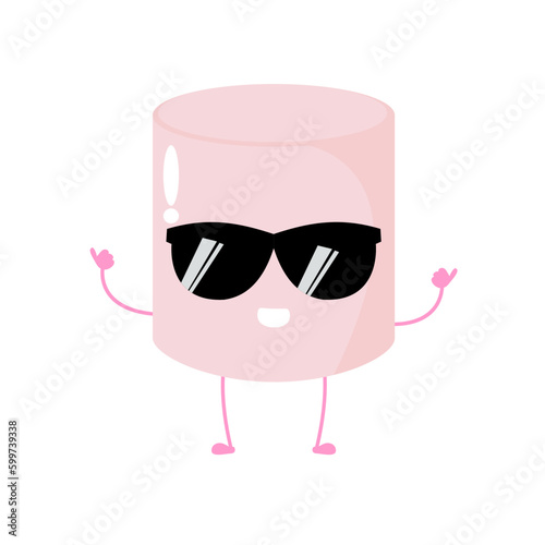 Vector illustration of marshmallow character with curious cute expression, cool, funny, marshmallow isolated on white background, simple minimal style, for mascot collection, emoticon. ok. sunglass