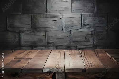 古い木のテーブルとぼやけたコンクリートブロックの壁