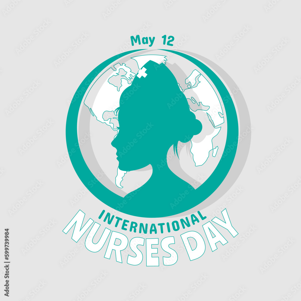 International Nurses Day logo with a female nurse silhouette in front of the world map