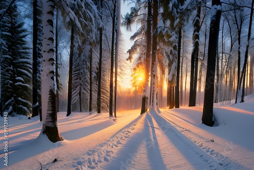 冬の森の中の夕暮れ時