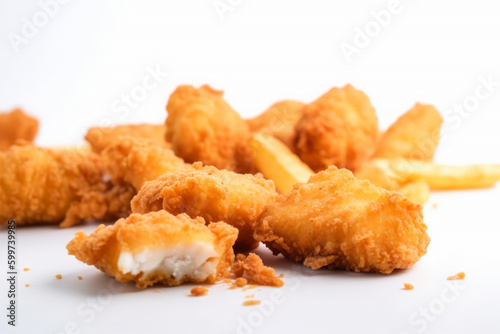 Fried chicken nuggets on white background. AI Generative.