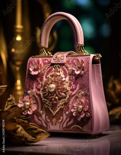 portrait shot of a gothic handbag, gold and pink, decorated with Gothic lace and a gemstone, fantasy, generated in AI