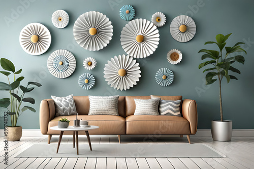 pastel color  3d mural illustration wallpaper with flowers and circles in light gray background