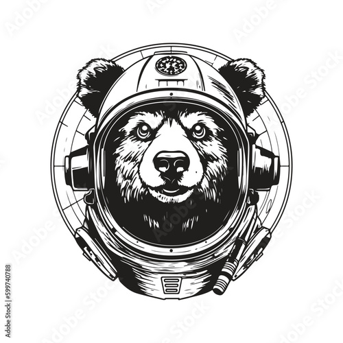 astronaut bear, vintage logo line art concept black and white color, hand drawn illustration