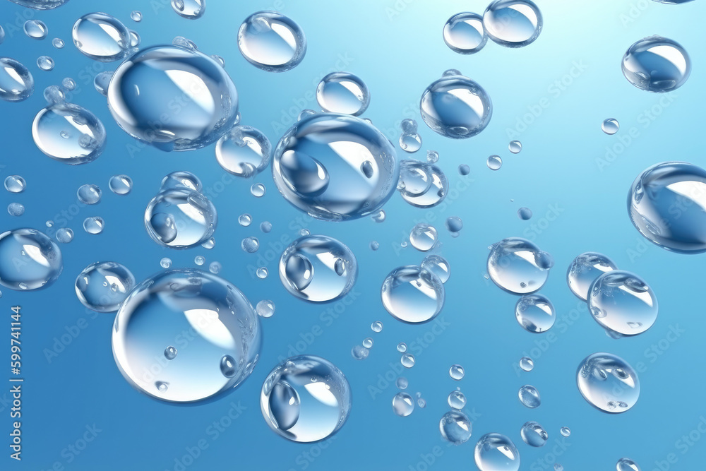 Blue and white concept realistic hydro fresh water bubble showcase background. 