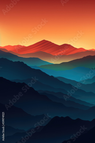 Aerial view, mountains under sunset.