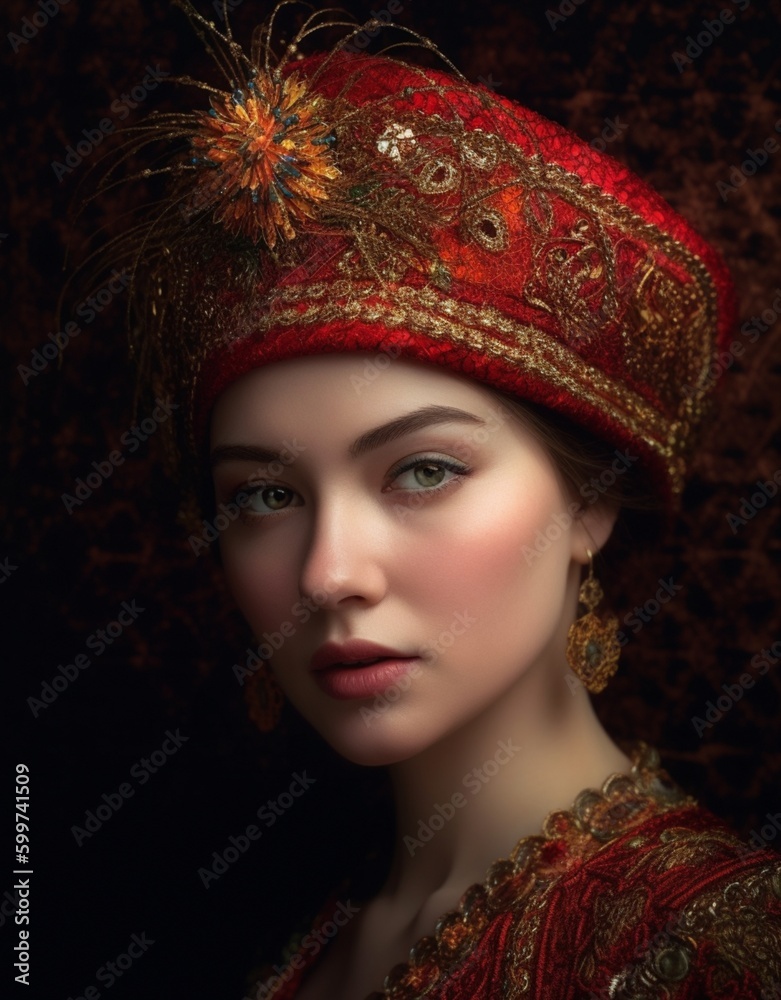 portrait of a woman in a luxurious hat in a modern style, red-gold color, decorated with lace and stones, serene faces, black background, generated in AI