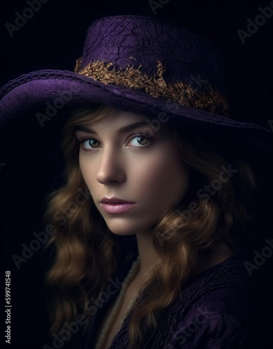 portrait of a woman in a luxurious hat in a modern style, vioet-gold color, decorated with lace and stones, serene faces, black background, generated in AI