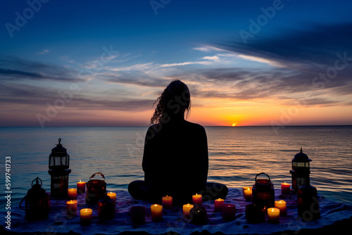 Silhouette Meditation and self - care with a cup of tea and candles the sea, Generative AI