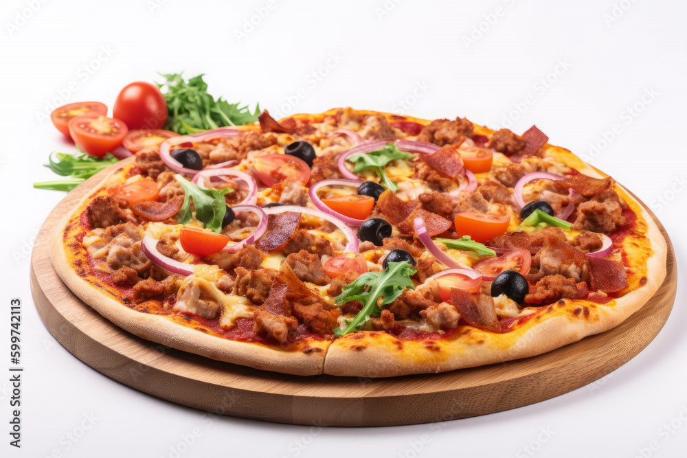 Pizza with salami and olives on white background. AI Generative.