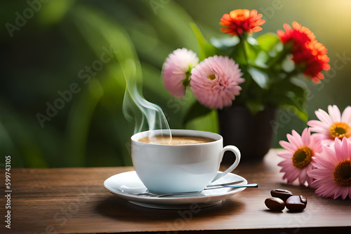 Photo a cup of coffee and a phone on a table with a flower vase next to it