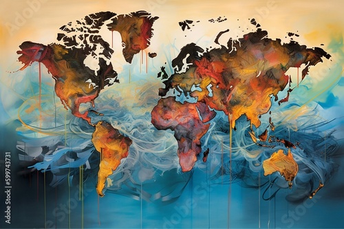 Mapa Świata abstrakcyjny kolorowy akrylowy obraz Generative AI