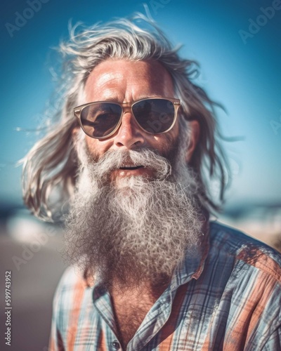 Cool Elderly Surfer Dude at the Beach Outdoor Photorealistic Illustration [Generative AI]